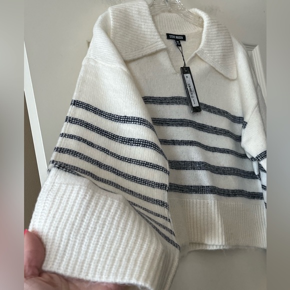 Steve Madden Navy and White Designer Collar Striped Sweater Women’s Medium - Picture 9 of 15